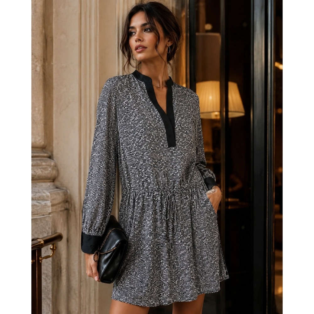Vince 100% Silk Geometric Mosaic Print Long Sleeve Drawstring Dress Black White